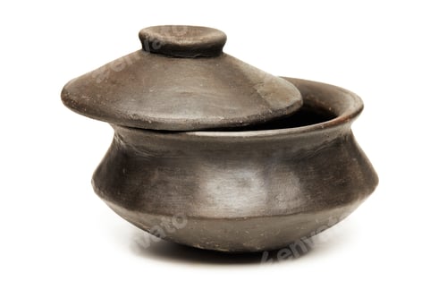 Preview: Clay pot with lid made of special black clay for cooking, isolated on a white background