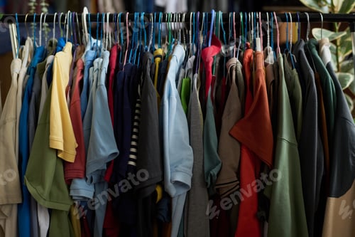 Preview: Row of hangers with secondhand apparel