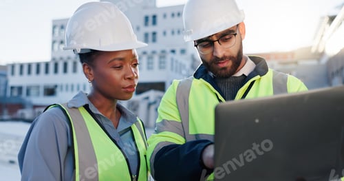 Preview: Team, tech or planning construction on rooftop for building maintenance, civil engineer or discussi
