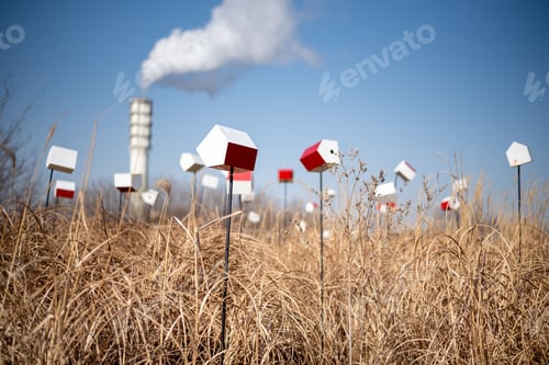 Preview: Landscape shot of bright red and white birdhouses standing in a dry, grassy field