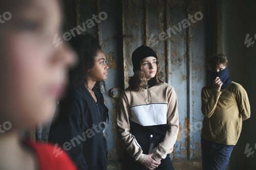 Preview: Group of teenagers gang standing indoors in abandoned building, bullying concept.