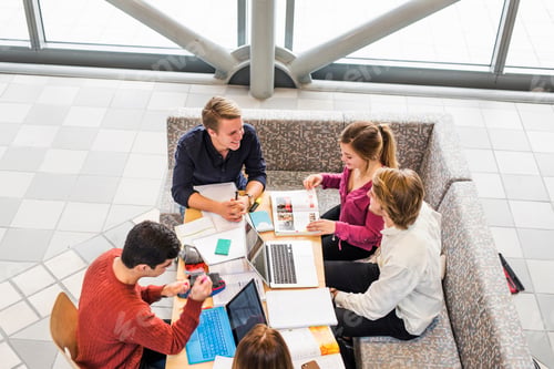 Preview: High angle view of university students studying together at table