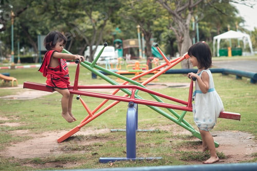 Preview: Two happy little girls on teetering board outdoor