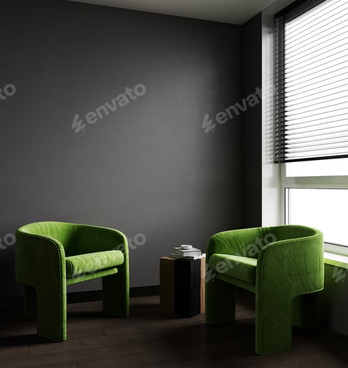 Preview: Black interior with green armchair and coffee table.3d render illustration mockup.