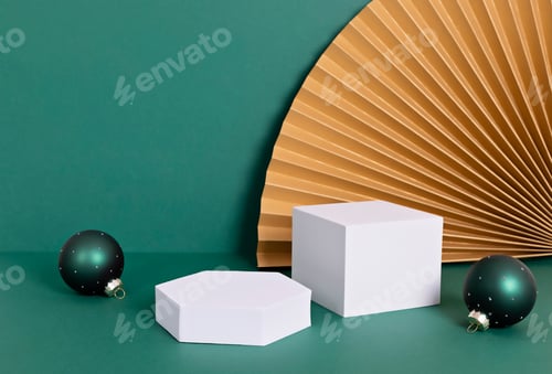 Preview: Podium, stand, platform for product presentation.Abstract background made of paper fans and