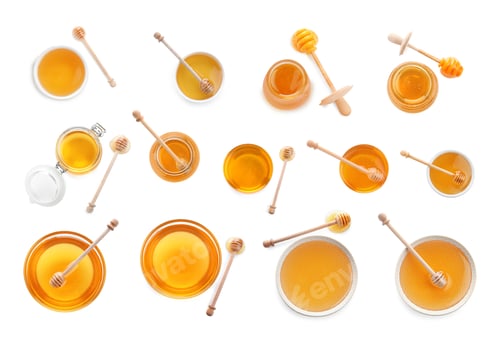Preview: Set of organic delicious honey on white background, top view