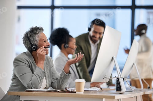 Preview: Call center, office team and woman with telemarketing communication, customer support and telecom s