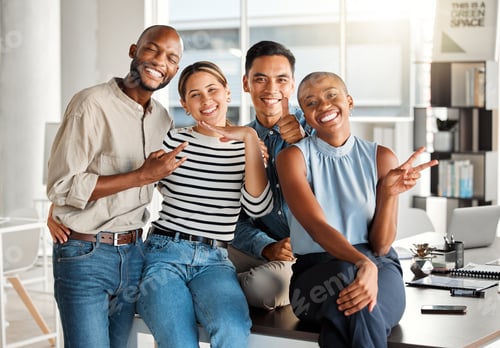 Preview: Portrait of a group of diverse cheerful businesspeople making hand gestures and spending time in an