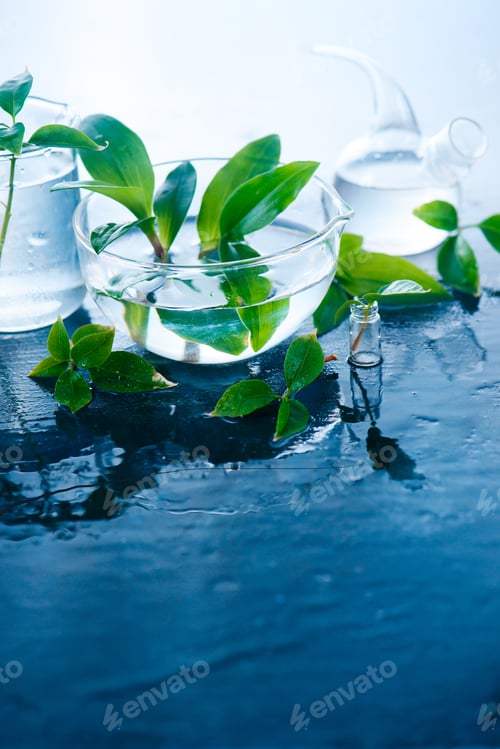Preview: Glass jars and vases with green spring plants. Clarity and freshness concept with copy space