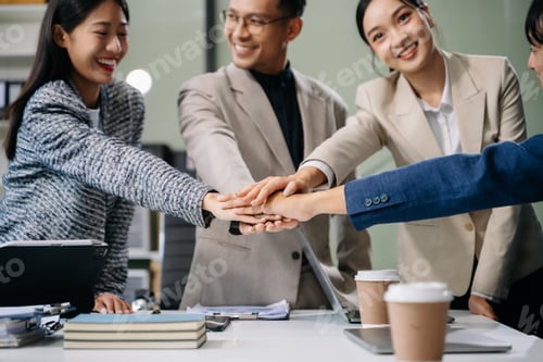 Preview: Young people professional colleagues are stretching arms showing team spirit focus on hands