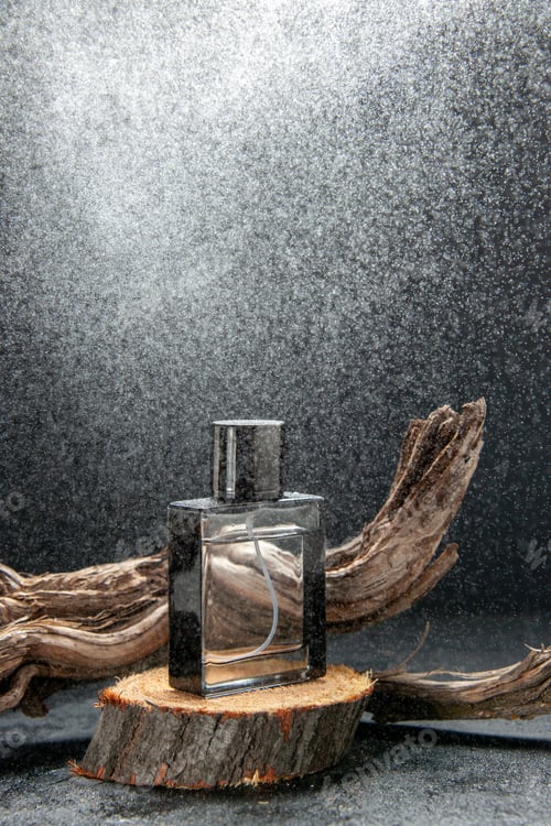 Preview: Side view of parfum on wooden cutting board and tree branch on light on dark background with free