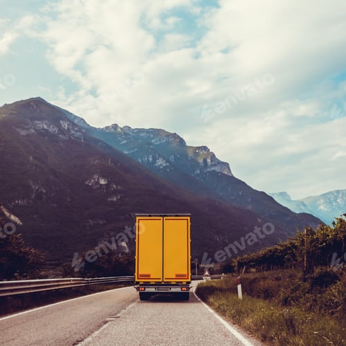 Preview: truck on the road. Yellow cargo car