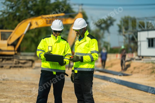 Preview: An engineer in visibility jacket and helmet working on construction site.