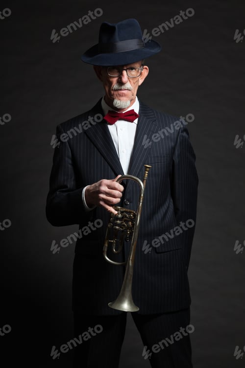 Preview: Senior Jazz Musician. Trumpet Player. Studio Shot.