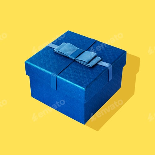 Preview: Blue gift box over bright yellow background