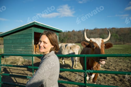 Preview: Animal sanctuary. A woman beside the fence, feeding two cows.
