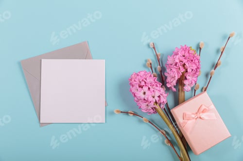 Preview: Mother's or Women's Day card from spring hyacinth and iris flowers mockup