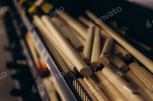 Preview: Wooden tool handles lying in hardware store bin
