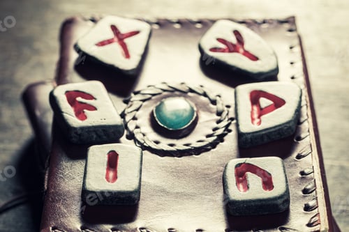 Preview: Black stones with futhark sign on leather book