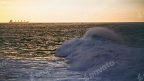 Preview: Winter waves rolling seashore in slow motion. Travel ship silhouette at horizon