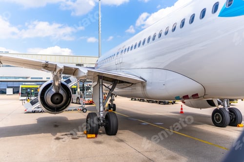 Preview: A large white airplane with a blue stripe on the tail
