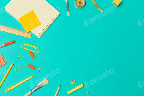 Preview: school supplies at colorful paper background