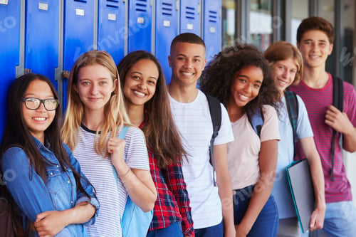 Preview: Teenage school kids smiling to camera in school corridor