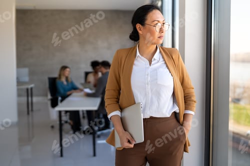 Preview: Smiling successful business woman, freelancer, coworker female leader using digital device, phone