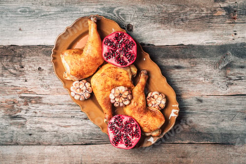 Preview: Roasted chicken with pomegranate and garlic on wooden background. Friends or family dinner. Festive