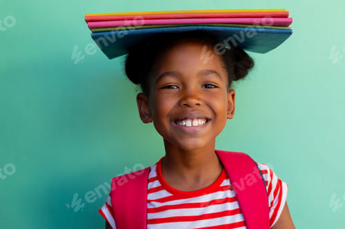 Preview: Happy african american schoolgirl with books on head over blue background at elementary school