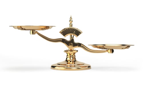 Preview: Golden balance scales isolated on white background.