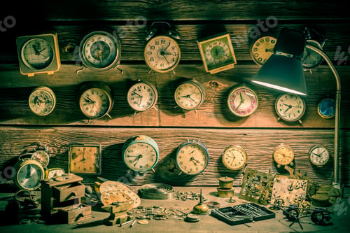 Preview: Small watchmaker's workshop with many clocks