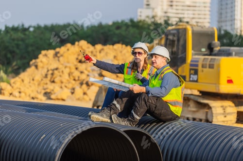 Preview: Two engineer sitting on large pipes at a construction site, reviewing blueprints.