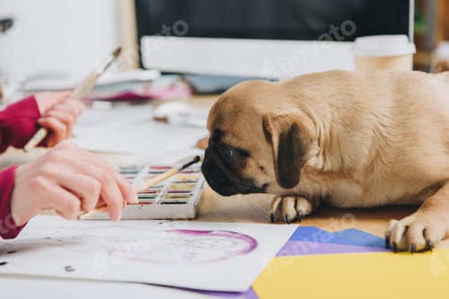 Preview: Pug sniffing brushes of female illustrator