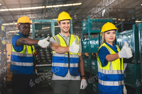 Preview: Group of Diverse Warehouse Workers Standing With Thumbs Up Showing Success Work in Factory.