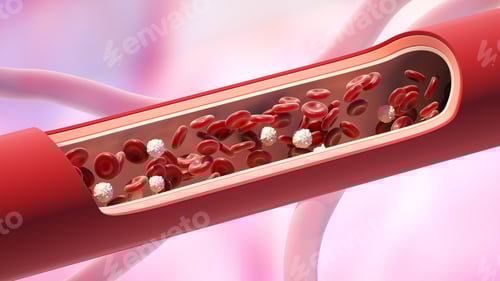 Preview: Red and white blood cells in the vein. Leukocyte normal level