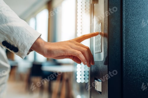 Preview: woman's finger pushing number button on keyboard of snack vending machine.