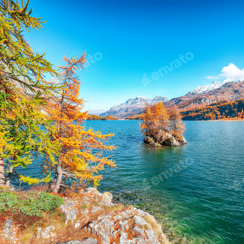 Preview: Picturesque autumn views of Sils Lake (Silsersee) with small islands