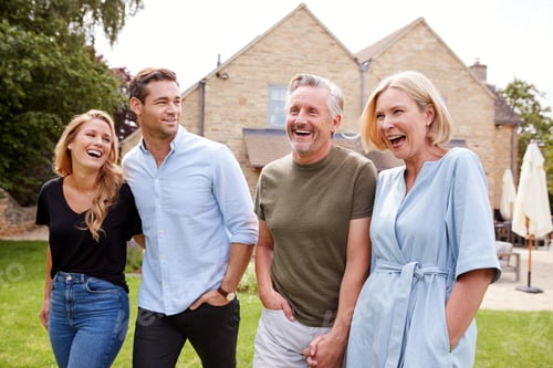 Preview: Family With Senior Parents And Adult Offspring Walking And Talking In Garden Together