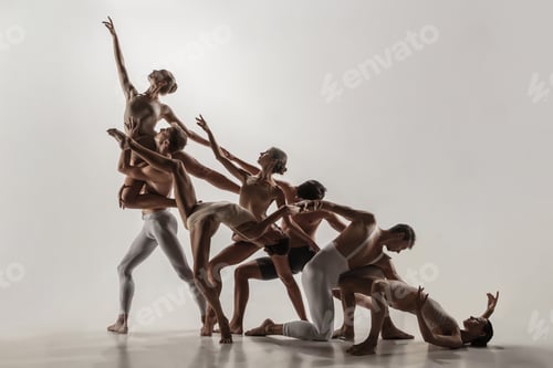 Preview: The group of modern ballet dancers. Contemporary art ballet. Young flexible athletic men and women