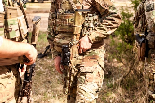 Preview: Close up hands american soldiers men dressed disguise uniform holding weapon in forest at nature