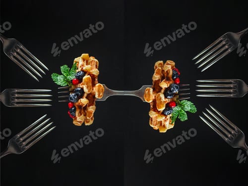 Preview: Belgian Or American Waffles Delicious Sweet Dish, Dessert Snack Menu Concept. Background. Top View
