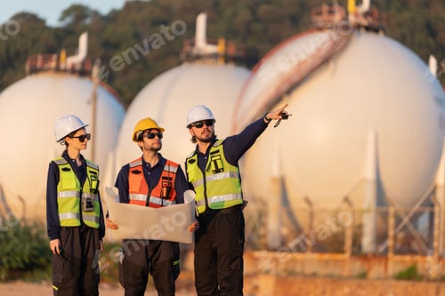 Preview: Petroleum engineers having a discussion near oil storage tanks