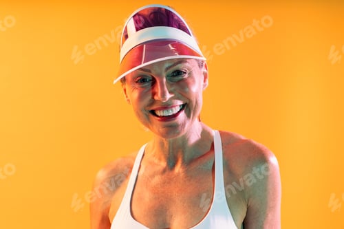 Preview: Smiling mature sportswoman wearing visor and sports bra on orange background