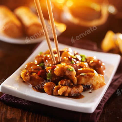Preview: chinese take out food - eating general tso's chicken with chopsticks