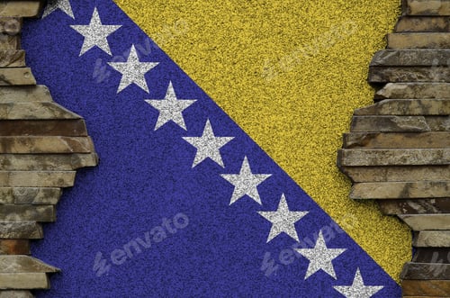 Preview: Bosnia and Herzegovina flag depicted in paint colors on old stone wall close up