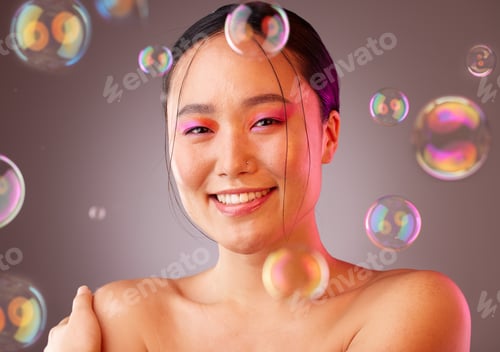Preview: Cosmetics, bubbles and Asian woman for smile, happy or skincare for health, wellness or studio back