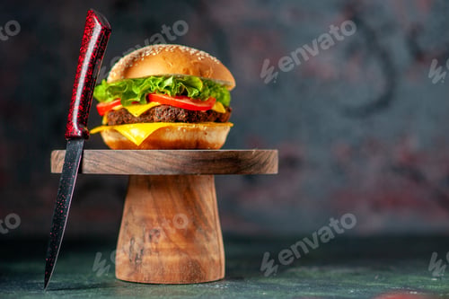 Preview: front view tasty meat hamburger on dark background colors fast-food french fries sandwich burger