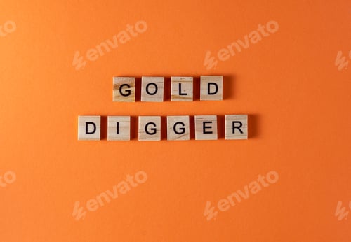 Visualização: Frase de garimpeiro em letras de madeira. Motivação e slogan. Fundo laranja