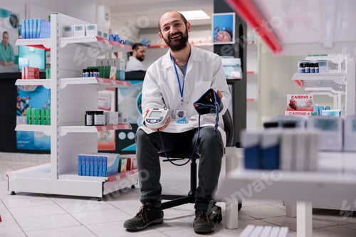 Preview: Smiling pharmacist holding medical tonometer ready to measure customers hypertension during checkup